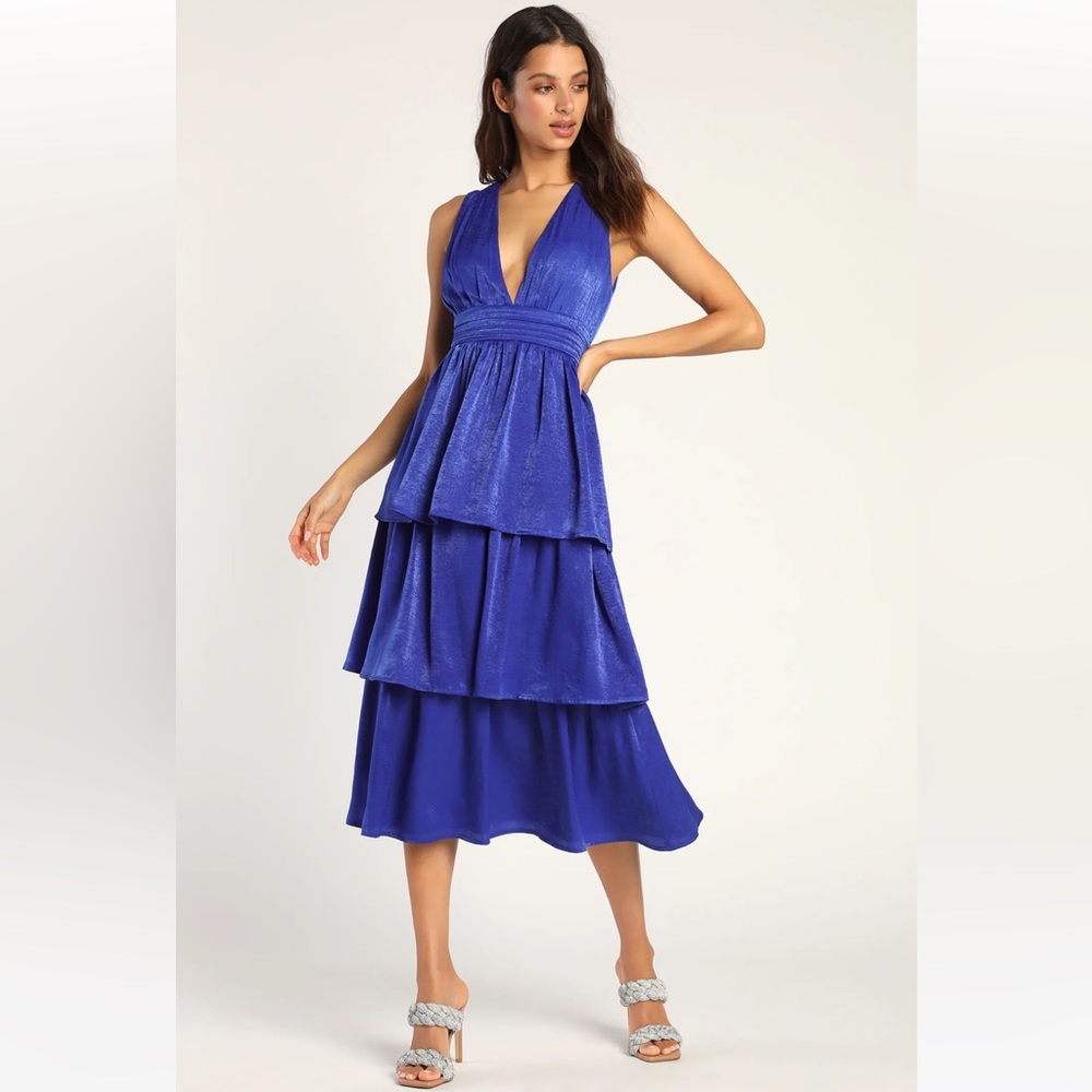 Lulu’s Peak Party Vibe Cobalt Blue Satin Tiered Tie-Back Midi Dress